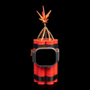 Dinamit Görünümlü Şarj Standı üzerinde Apple Watch takılı, saatli bomba görüntüsü