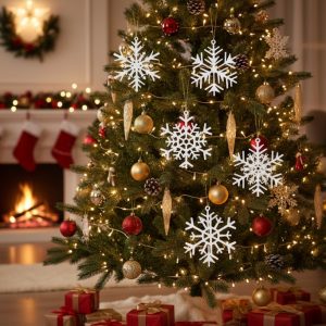 3D baskı 25’li set içerisinden 4 farklı kar tanesi yılbaşı ağacı süsü modeli.